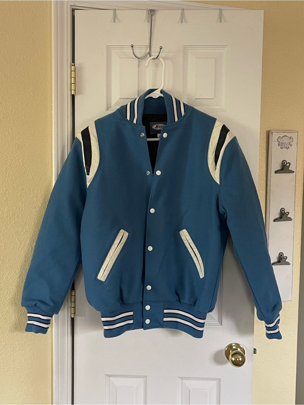 Neff Teal Blue and White Varsity Bomber Jacket - Men's